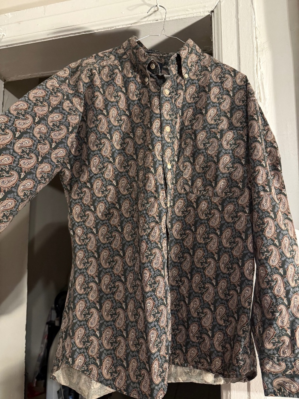 Vintage Dockers Mens Paisley Button Shirt L/S Cotton 90s Burgundy Green Tan Sz L